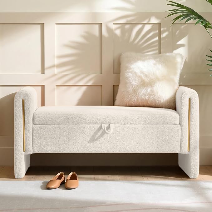 52" Flip-Top Storage Ottoman Bench, Teddy Entryway Bench (White) | Teddy Fleece Upholstered End of Bed Bench with Armrests, Soft Padded Window Bench for Living Room Bedroom Entryway
