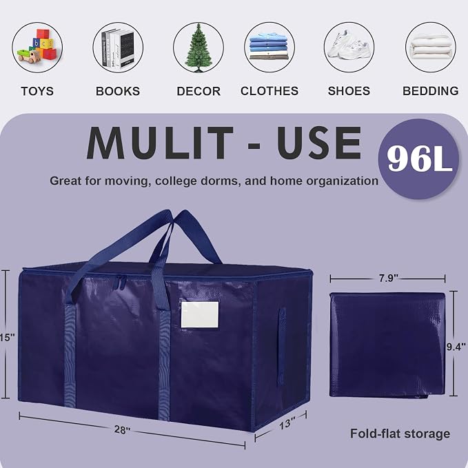 16 Pack-Extra Large Heavy Duty Moving Bags - Waterproof Storage Totes with Handles & Zippers, Foldable for College Dorm, Storage (Dark Blue)