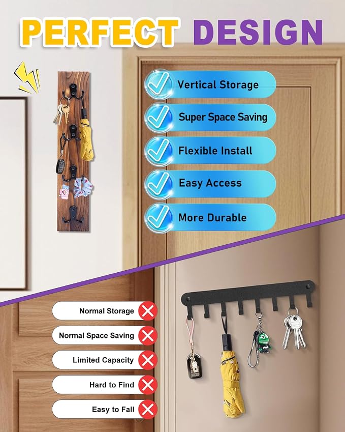 UCEC Vertical Wooden Key Holder with Hooks, Space-Saving Entry Organizer | Space-Saving Vertical Key Holder for Wall, Easy Install Home Organizer for Keys, Wallets, Pet Leashes & Living Room Decor