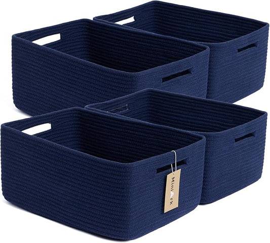 MiniArk Large Storage Baskets for Organizing, 17 x 13 x 7.5” Closet Shelf Baskets for Clothes Blanket Towels, Baby Nursery, Toy Bins Box, Woven Rope Baskets, 4 Packs Navy Blue