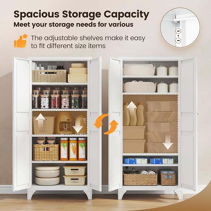 Yizosh Metal Storage Cabinet with 2 Doors and 4 Adjustable Shelves - 61" White Kitchen Pantry Storage 5-Tier Tall Steel Cabinets Locker for Kitchen, Living Room, Dining Room