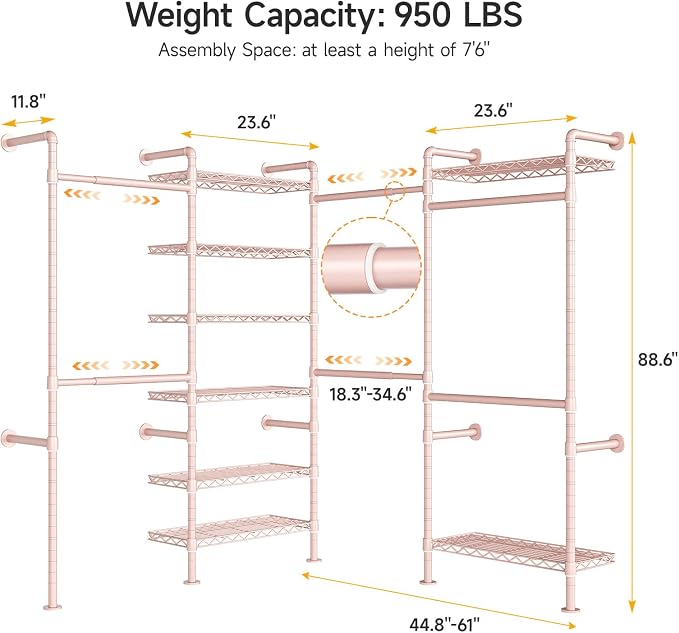 ONBRILL L4 Wall Mounted Industrial Pipe Clothing Rack, Closet Organizer System with 6 Hanging Clothes Rods ( 4 Expandable Rods) & 8 Shelves, Heavy Duty Corner Garment Rack, Large Wardrobe - Pink