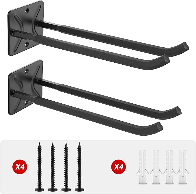 Garage Storage Hooks, Heavy Duty Steel Tool Organizer, 12.4 Inch Wall Mount Hangers Racks for Car Tires, Ladders, Chairs, Ropes and Garden Tools, 2 Pack