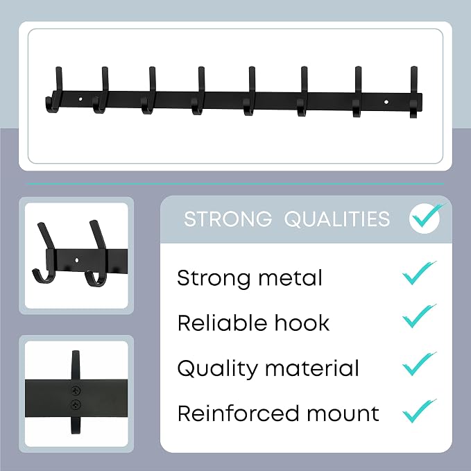 Coat Rack Wall Mount – 24 Inch Stainless Steel Hook Rail with 8 Double Coat Hooks for Hanging – Wall Mounted Entryway Organizer for Coats, Hats, Bags, Towels, Robes, Bedroom or Bathroom - Black