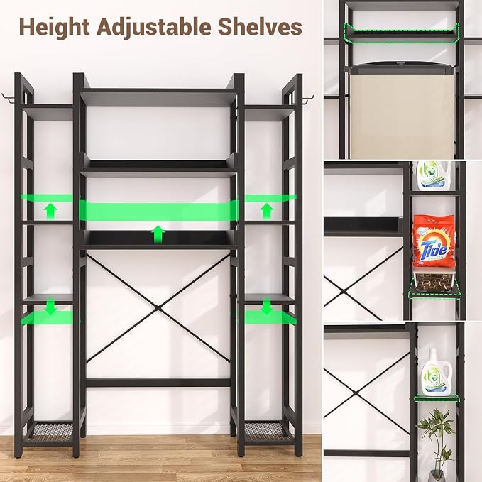 Besiost Over The Toilet Storage, 11 Tier Bathroom Organizer with Dual Side Racks and 2 Fabric Drawers, Adjustable Freestanding Rack Space Saver for Small Spaces, Black