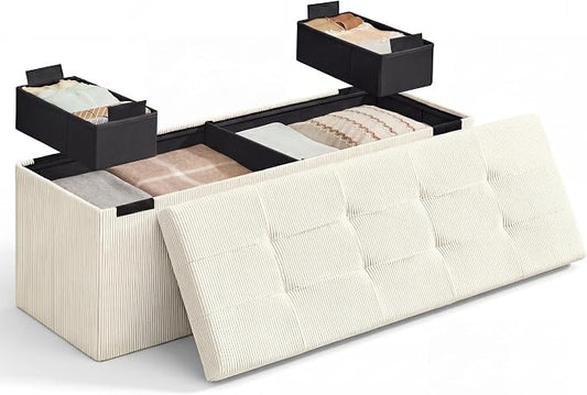 SONGMICS Home Ottoman with Storage, Removable Lid, Folding Storage Chest, Easy Assembly, for Entryway, Bedroom, Living Room, 15.2 x 43.2 x 15.2 Inches, Corduroy, Light White