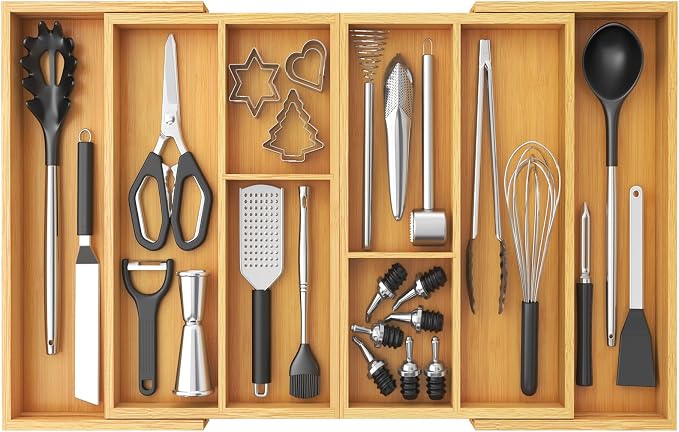 Lifewit Expandable Utensil Organizer for Kitchen Drawer, Cutlery Holder | Adjustable Cooking Silverware Tray, Bamboo Flatware Spatula Tools Gadgets Storage Divider, 21-36 x 16", Natural