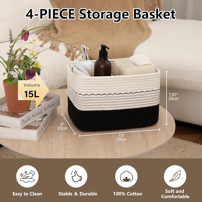 OIASKET 4 Pack Storage Baskets for Organizing, 13"X9"X7.87", Decorative Cotton Rope Baskets for Shelves, Small Woven Basket for Toys, Books and Towels, Black & White