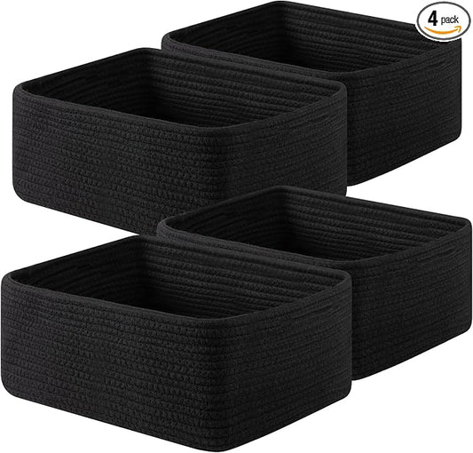OIAHOMY 4 Pack 14.17 * 11.02 * 6.3IN Storage Baskets for Organizing Shelves, Woven Rope Baskets for Organizing Books, Clothes, Decorative Basket for Living Room, Nursery, Bedroom, Gift Basket, Black