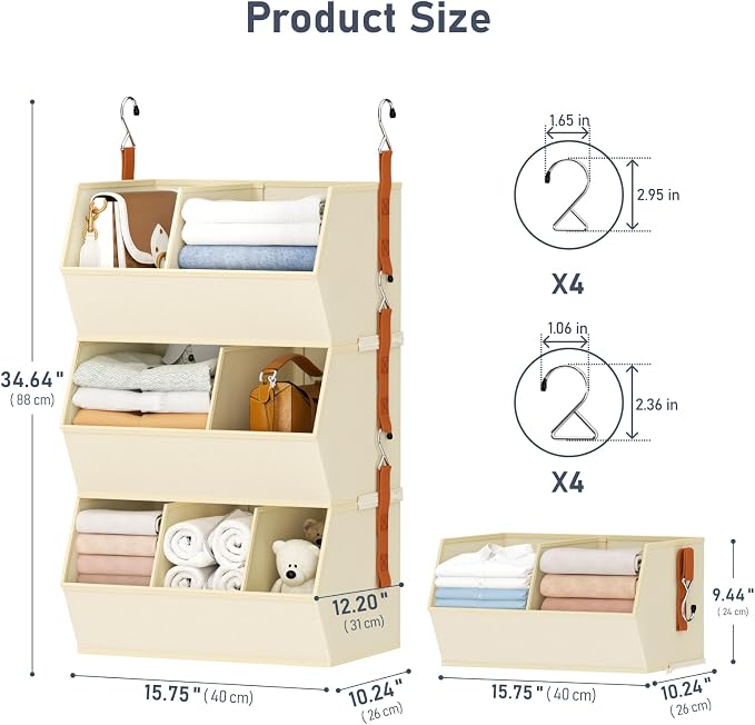 Hanging Closet Organizer Extra Large, Clothes Hanging Shelves for Closet with Divider, Collapsible Closet Storage System, Fabric Storage Bins for Home, Dorm, Rv, Sweaters, Handbags, Underwear, Sock