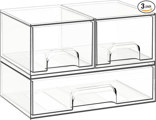 Stackable Storage Drawers, 3 Pack Clear Acrylic Makeup & Bathroom Organizer, Versatile Storage Bins for Vanity, Under Sink, Kitchen Cabinets & Pantry