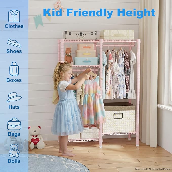 F1 Clothes Rack for Kids, Baby, Students, and Children's Room, 4 Tiers Portable Metal Closet Clothing Rack, Small Garment Rack with 2 Hanging Rod, 31.2" W x 11.8" D x 48" H, Pink | Clothing Rack for Baby and Children's Room, Small Freestanding Clothes ...