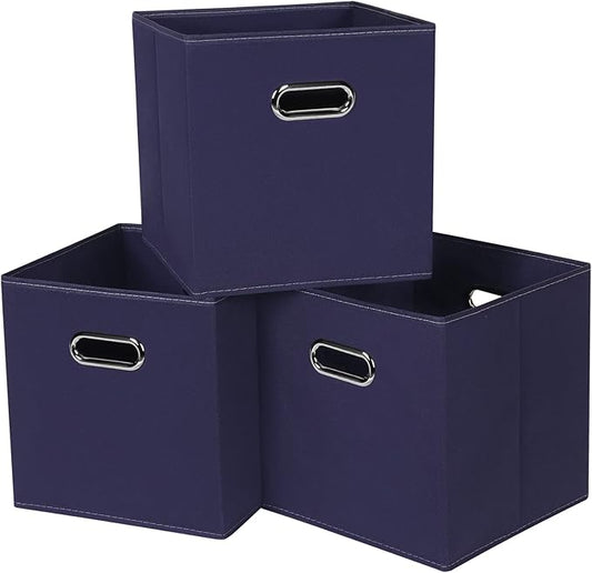Fabric Cubby Storage Bins，13x13x13 Inches ，Cube Organizer Bins Foldable Storage Bins with Dual Handles Fabric Organizer Bins and Basket Storage Box，Set of 3 ，Navy Blue