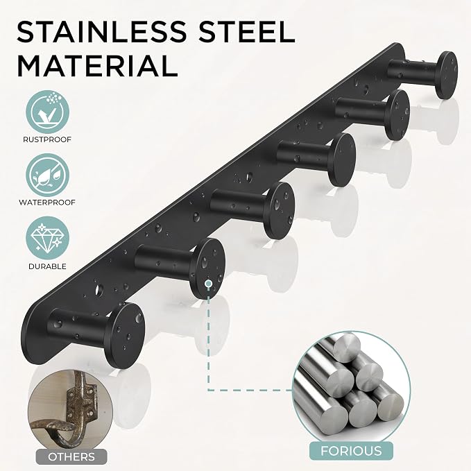 FORIOUS Hat Coat Rack Wall Mounted, 6 Wall Hooks SUS304 for Hanging Black | 304 Stainless Steel Hook Rack for Bags Keys Hats, Coat Racks for Bathroom Bedroom Entryway Kitchen Hotel, Space Saving