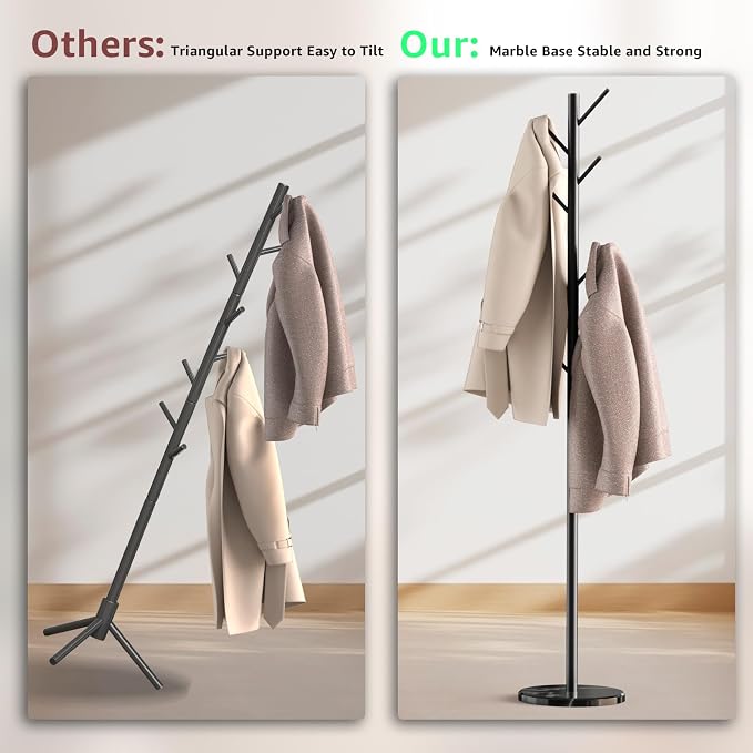 HzTinT Coat Rack with Natural Marble Base, Metal Freestanding Coat Rack with 8 Hooks, 3 Adjustable Size Sturdy Coat Tree for Bags, Coats, and Hats for Entryway, Hallway, Bedroom, Office, Black | 8 Metal Hooks, Holds Coats, Bags & Hats, For Entryway, Be...
