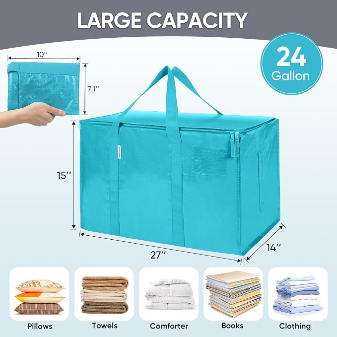 TICONN 6 Pack Extra Large Moving Bags Heavy Duty with Zippers & Carrying Handles, Durable Storage Bags Moving Boxes for Closet Organizers and Storage (6 Pack, Aqua)