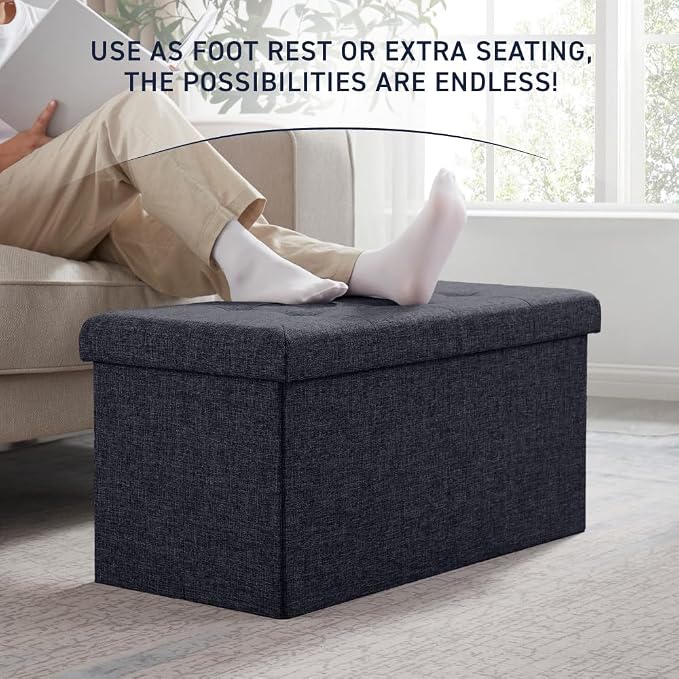 Ornavo Home 30 Inch Folding Storage Ottoman Bench, Tufted Linen, Black | Upholstered Large Ottoman with Lid; Foot Rest Stool; Ideal for Bedroom, Living Room or Entryway