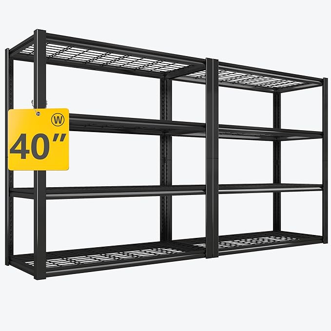 REIBII 40" W Storage Shelves with Wire Mesh Panels for Garage Organization | 560Lbs/tier, 40" W x 19.5" D x 59.5" H, Adjustable, 4-Tier, Double-Layer Frame, Rustproof Finish, for Basement Warehouse, 2Pc