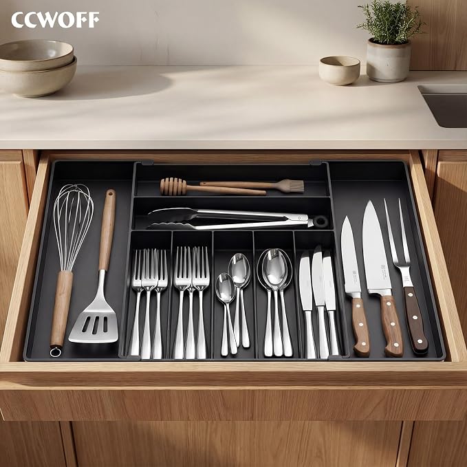 Silverware Drawer Organizer, 9 Slots Expandable Kitchen Drawer Organizer | Extra Large Utensil Holder & Cutlery Tray, Heavy Duty Stainless Steel Frame Flatware Organizer, Non-Slip Feet Included, Black