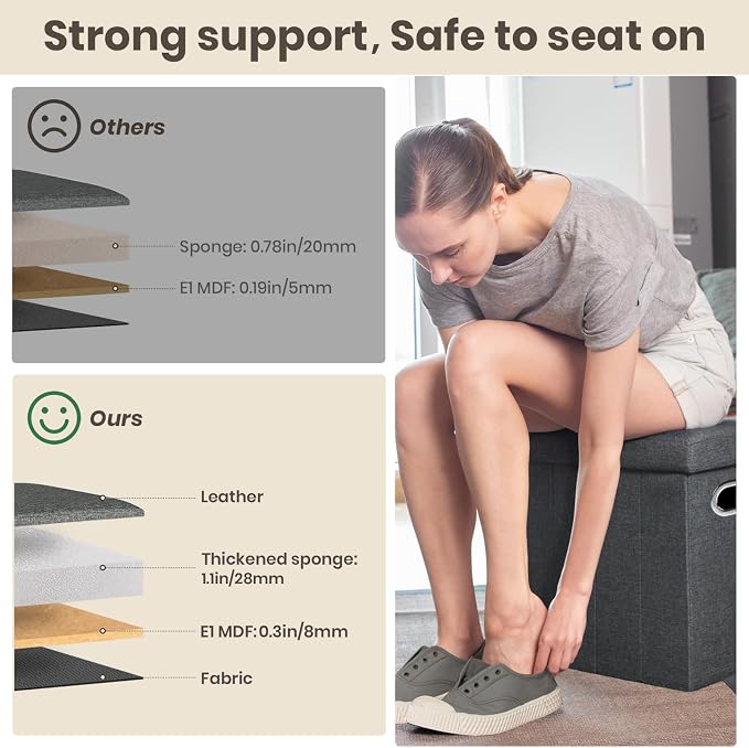 COSYLAND Collapsible Fabric Ottoman Footrest with Storage - Folding Foot Stool Furniture with Handles - Toy Chest Linen Gray - 16.5x16.5x10.6in - Charcoal