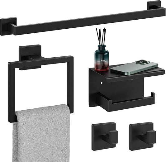 5-Pieces Matte Black Bathroom Hardware Set, 24 Inch Bathroom Towel Bar Set, SUS304 Stainless Steel Bathroom Hardware Accessories Set, Towel Racks for Bathroom Wall Mounted