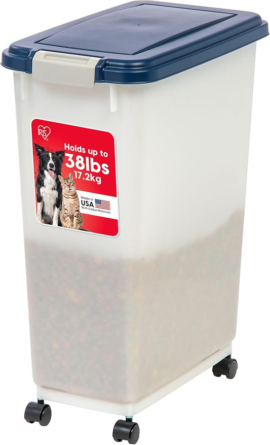 IRIS USA Airtight Dog Food Storage Container, Up to 38 lbs, Attachable Wheels, For Dog Cat Bird and Other Pet Food Storage Bin, Keep Fresh, Easy Mobility, BPA Free, Navy/Pearl