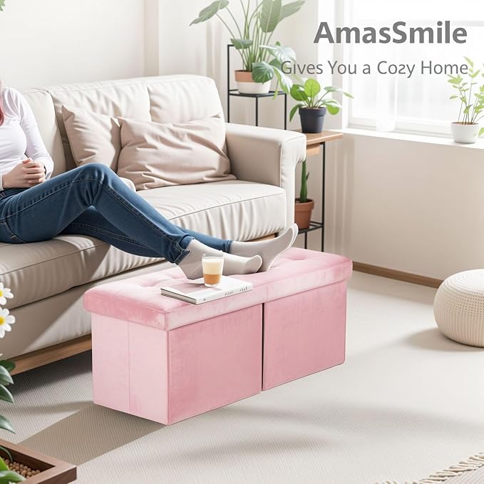 AmasSmile Footrest Ottoman Storage Bench, 34" Velvet Folding Stool, Pink | Large Ottoman with Storage, Thicker Foam Padded Seat, Livingroom, Dorm, Bedroom, Entryway, Easy to install, 34 x 13 x 13in