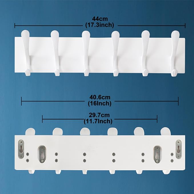 SKOLOO Coat Rack Wall Mount - Wooden White Wall Coat Hook, Wall Coat Hanger Rack with 6 Hooks for Hanging Coats, Hats, Clothing, Scarfs, White