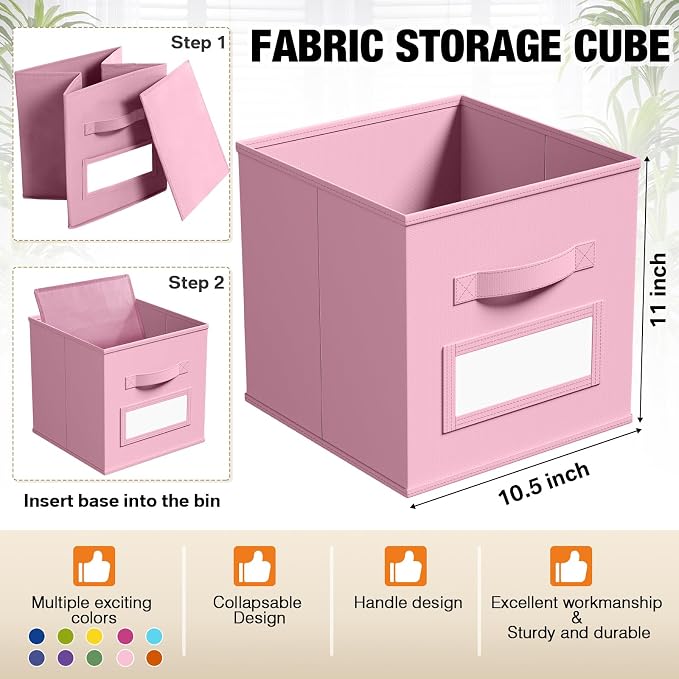 Teenyyou 10 Pack Fabric Storage Cubes 11 Inch Collapsible Cube Bins with Label Window & Handle Foldable Organizers Baskets for Shelf Closet Nursery Kids Room Clothes Book Toy(Candy)