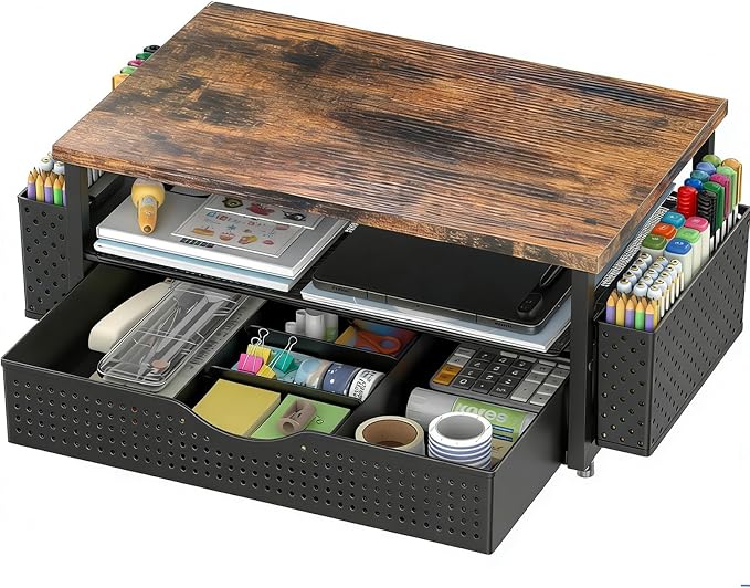 Spacrea Desk Organizer and Accessories, Computer Monitor Stand Riser with Drawer and 2 Pen Holders, Office Desk Accessories & Workspace Organizers for Office Supplies (Wood)