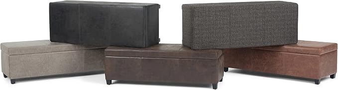 SIMPLIHOME Avalon Storage Ottoman Bench - 48" Wide x 16" High Upholstered Vegan Leather Rectangular Lift-Top Ottoman in Distressed Brown, Contemporary Bench for Living Room with High-Density Foam