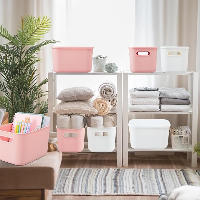 8 Pieces Colorful Storage Bins with Lid, Plastic Storage Basket Organizing Container Stackable Box with Handle for Shelves Desktop Playroom Office(9.8 x 7.1 x 6.3 Inch,White and Pink)