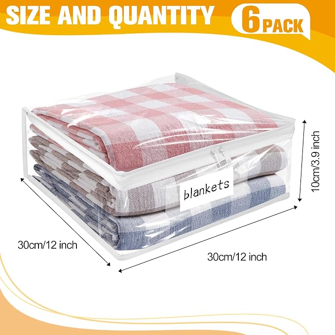 Kikerike Plastic Storage Bags with Easy-Glide Zipper, Pack of 6, Durable Clear Vinyl Zippered Storage Bags for Clothes Sweaters Comforters Blankets Sheets Bedding (12 x 12 x 3.9 Inch, White)
