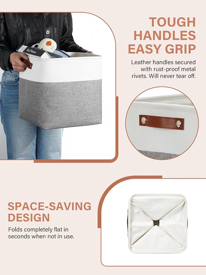 DULLEMELO [Set of 4 Storage Cubes Baskets for Organizing, 12 x 12 x 12 inch Cube Storage Organizer Bins with Leather Handles, Foldable Fabric Cloth Bins for Cube Storage(4 Pack - 12" White&Grey)