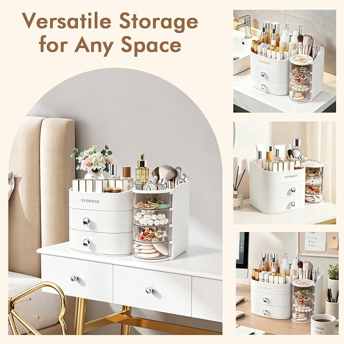 Makeup Organizer Countertop, Make Up Organizer for Vanity | Skincare & Cosmetic Organizers with Drawers, Bathroom Storage for Brush Holder|Lipstick|Jewelry, Ideal Gift for Women, White