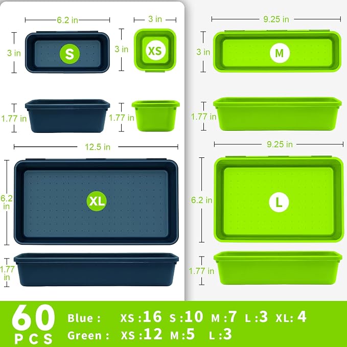 Tool Box Organizer Tray, 60 PCS & 5 Sizes, Blue and Green | High Quality ABS Plastic, Interlocking Desk Drawer Organizer, Tool Chest Organizer for Workshop Garage Office Kitchen