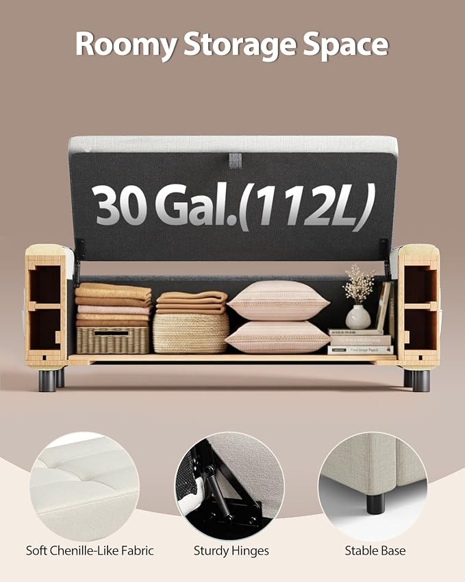 Amada 46" Ottoman with Storage, Side Pocket, Safety Hinge, Beige | 30 gallon (112 liter) hidden storage, holds 400 lbs, 0.35" thicker wood panels, 3.14" thick foam, for end of bed, living room
