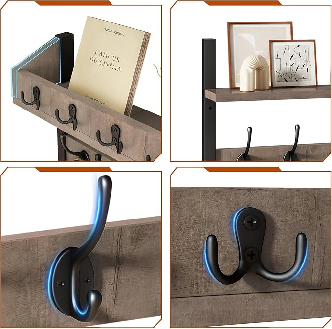 YMYNY 31.5" Coat and Key Rack Wall Mount with Shelf, Silver Gray, HWS007Y-2 | 4-in-1 Coat and Key Hanger with 12 Metal Hooks, Entryway Wall Shelf with Hooks & Mail Holder for Living Room, Bedroom