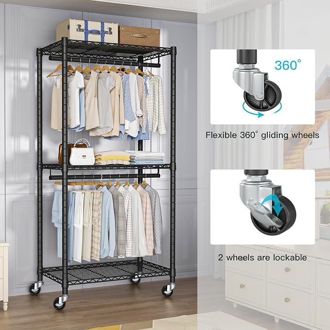 FUTASSI Heavy-Duty Portable Closet, 30"W x 14"D x 76"H, Black, Carbon Steel | Metal Rolling Clothing Rack, Closet System with Wheels and Shelves for Hanging Clothes, Portable Wardrobe Organizer Storage