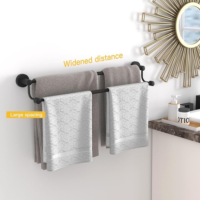 BESy Double Towel Bar Towel Rack for Bathroom Bath Wall Mounted Matte Black | Adjustable 16-26 In,Wall Mounted Towel Holder, Stainless Steel, Rustproof, Towel Bar Rod Hanger Hardware Accessories Hotel
