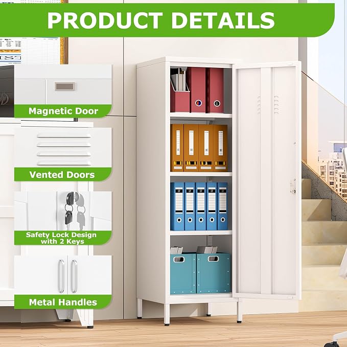 PAOFIN 47" Metal Storage Locker, Lockable Employees Metal Locker with Door and Adjustable Shelves, Steel Locker for Home, School, Office, Gym (White)