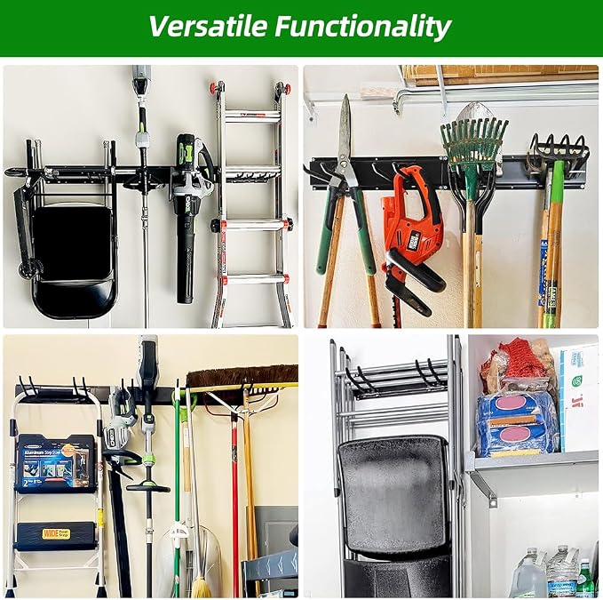 PIYILO Garage Organization, Garage Wall Organizer with 48 inches Rails and 6 Hooks, Tool Organizers Heavy Duty, Shovel Holder Wall Mount Max Load 360 LBS, Sturdy Garden Tool Rack for Folding Chairs | Heavy-duty Alloy Steel, 360 LBS Load, Wear & Tear Re...