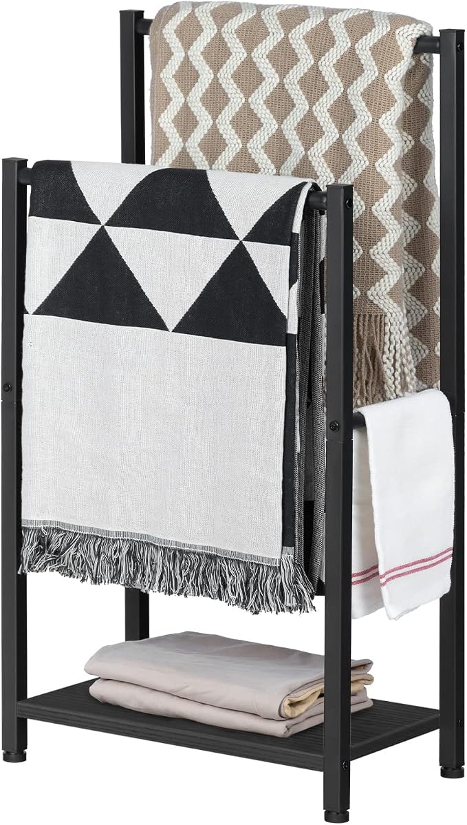 HOOBRO Free Standing Towel Rack for Bathroom, 16.5" L x 9.4" W x 31.5" H, 2 Tier Blanket Rack, Blanket Holder, Drying and Display Rack with Shelf, Black BB02LB01