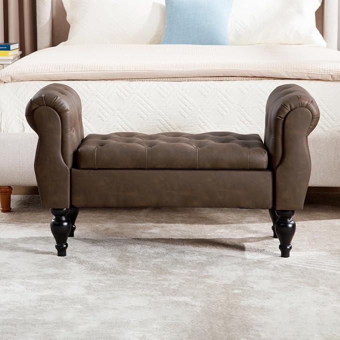 Storage Bench with Arms End of Bed Bench,Pu Leather Entryway Bench with Storage, Button Tufted Upholstered Ottoman Bench Wood Legs, Window Sitting Bench for Bedroom/Living Room/Hallway, Brown