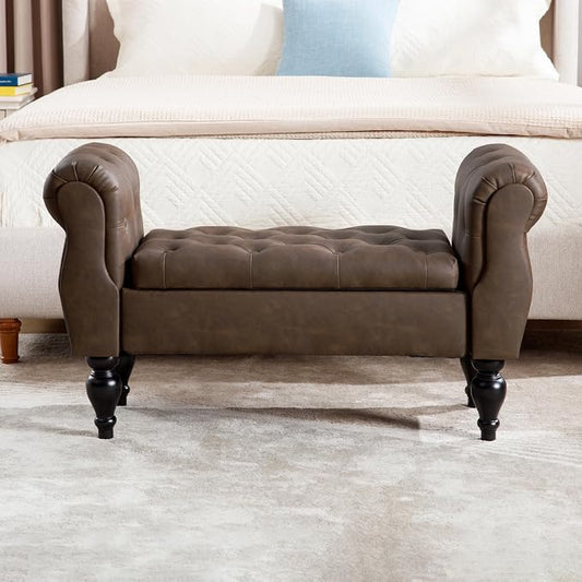 Storage Bench with Arms End of Bed Bench,Pu Leather Entryway Bench with Storage, Button Tufted Upholstered Ottoman Bench Wood Legs, Window Sitting Bench for Bedroom/Living Room/Hallway, Brown