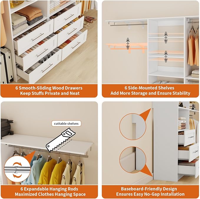 Closet System with 6 Drawers, 6-12.3FT Closet Organizer System Wood with 8 Shelves & 6 Expandable Hanging Rods, Closet Systems Kit for Walk in Closets, Modular Closet Organizer Systems, 2 Sets,White
