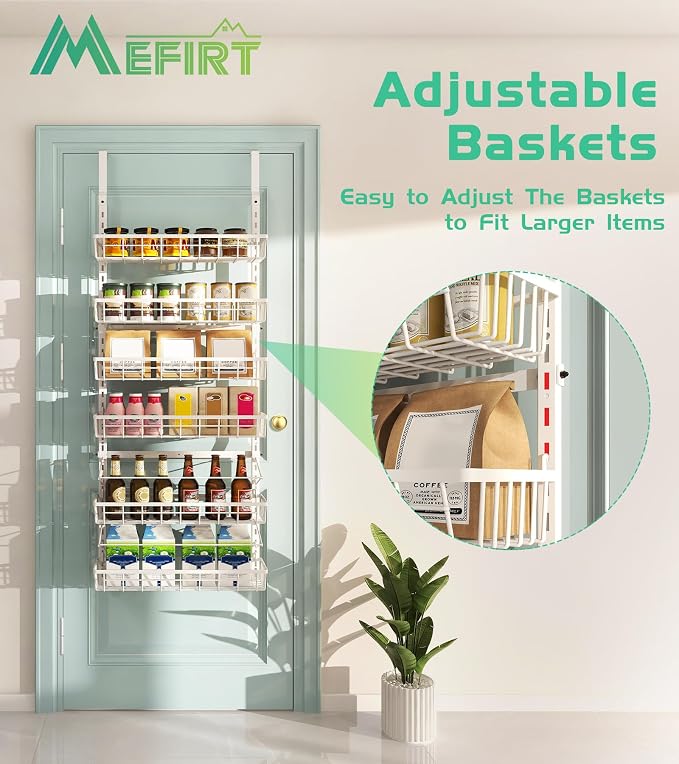 Mefirt Over The Door Pantry Organizer, Wall Mount Spice Rack 6-Tier White | Pantry Hanging Organizers and Storage, Adjustable Baskets Heavy-Duty Metal for Home & Kitchen, Back of Door Seasoning Rack