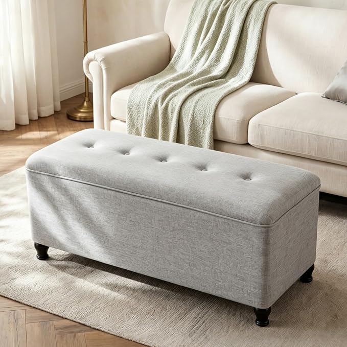Homebeez 41" Linen Storage Ottoman Bench with Button Tufted Top & Wooden Legs, Upholstered Storage Bench for Bedroom, Entryway, Living Room