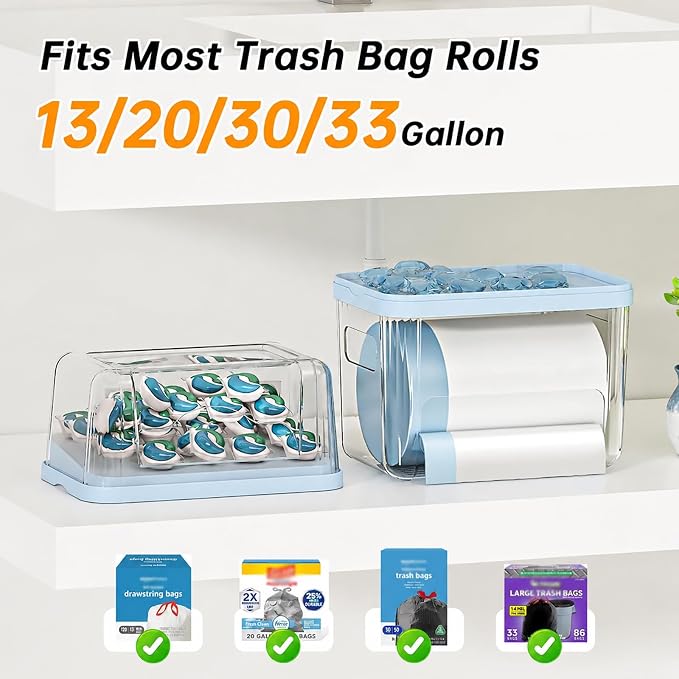 2-in-1 Trash Bag Holder Laundry & Dishwasher Pods Container,Garbage Bag Dispenser with Removable Lids,Kitchen Organizer and Under Sink Storage Box (Blue)