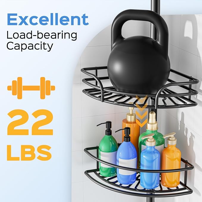 HAMITOR Corner Shower Caddy Tension Pole: 4-Tier Large Capacity Bathroom Organizer Shelf with Towel Bar - Rustproof No-Drill Adjustable 47-123 inch Storage for Renters, Home Bathtub Stand Rack, Black